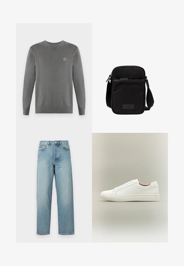 TOM TAILOR WASHED CREWNECK - Trui - dark grey; Lichtblauwe denim jeans met een losse pasvorm, rechte pijpen, een vijfzakkenontwerp en een knoopsluiting bij de taille. Minimalistische stikdetails.; Witte lage sneaker met vetersluiting en platte zool, zijwaarts weergegeven op een neutrale achtergrond.; Zwarte stoffen crossbody tas met een ritssluiting hoofdcompartiment, leren accenten, een voorkantvak en een verstelbare band. Marc O'Polo logo zichtbaar.