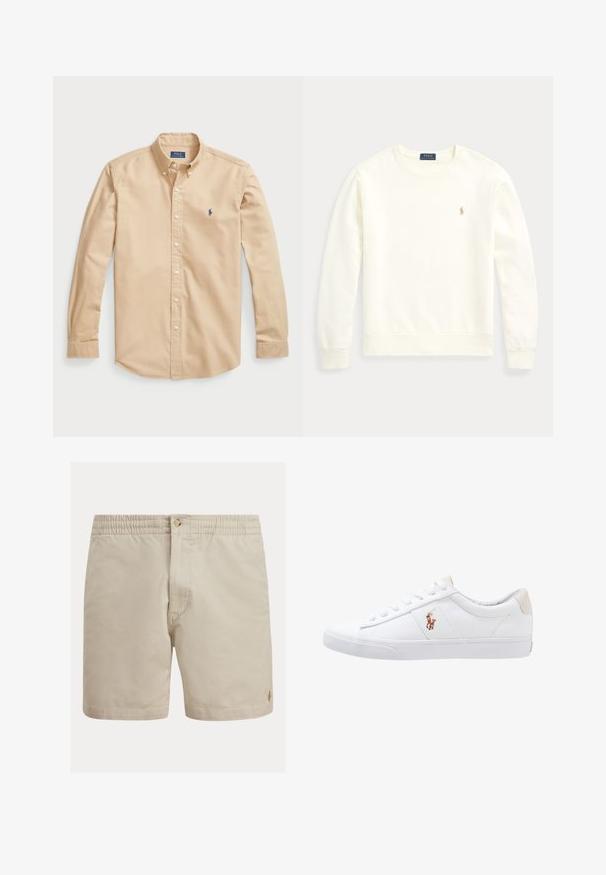 Baumwoll-Pullover mit Rundhalsausschnitt in Off-White mit gerippten Bündchen und Saum. Verfügt über ein kleines, goldenes, gesticktes Logo auf der linken Brust.; Helles beige Baumwollhemd mit Knöpfen, klassischem Kragen, langen Ärmeln, weißen Knöpfen und einem kleinen blauen Logo auf der Brust.; Beige Shorts aus Baumwolle mit einem elastischen Bund, Knopfverschluss und einem dezenten Logo-Akzent. Glatte Textur, gerader Schnitt und maßgeschneidertes Design.; Weiße Leinensneaker im Low-Top-Design mit einem beigen Ferseneinsatz und einem kleinen gestickten Logo an der Seite. Gummisohle.