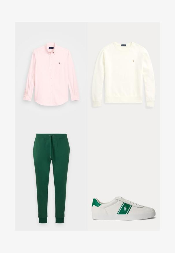 Puuvillane crewneck-swetri off-white värviga, millel on soonikkoes varrukate ja hem. Vasakul rinnal on väike kuldse tikandiga logo.; Heledroosa pikka varrukaga särk nööpidega kraega, millel on vasakul rinnal väike broderi logoga embleem, valmistatud siledast puuvillasegust.; Tumerohelised spordipüksid paelaga vöökohal, küljetaskud, mansettidega pahkluudes ning väike valge tikandiga logo paremal puusal.; Valge madala säärega toss roheline triibu ja Polo logoga küljel, rohelise kandmisega ja valgete paeltega, esitatud vasakult küljelt lihtsal taustal.