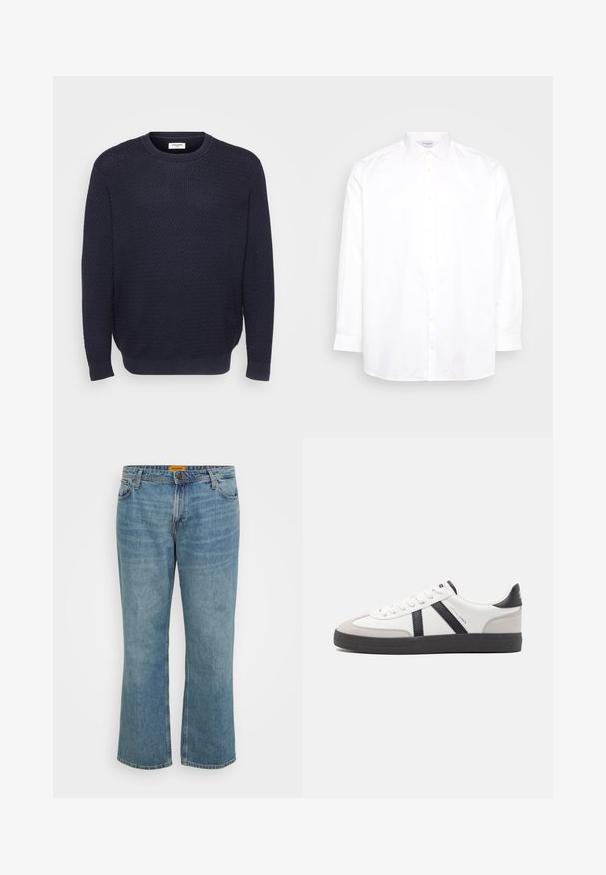 Jersey de punto azul marino con un patrón texturizado, escote redondo y puños y dobladillo acanalados. Elaborado con tejido suave y elástico.; Camisa blanca de manga larga abotonada, hecha de algodón. Presenta un cuello pointed y seis botones en la parte delantera. Textura suave, ajuste regular.; Jeans de mezclilla en azul claro con corte recto, cinco bolsillos, costura visible y bragueta con cremallera. La etiqueta es amarilla en la parte interior de la cinturilla.; Zapatilla blanca con acentos en negro y gris, que presenta una puntera texturizada en gris, suela de goma negra y cordones planos blancos. Diseño limpio, estilo minimalista.