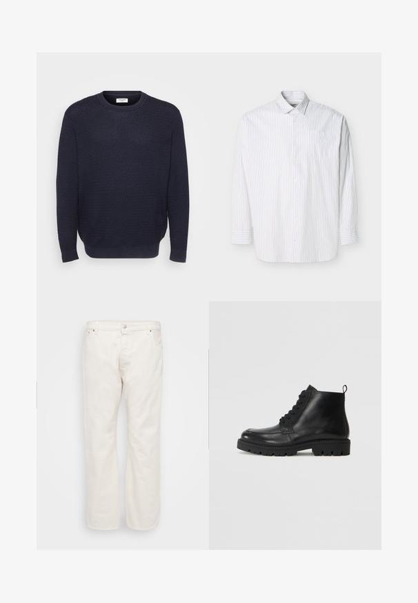 Marine gebreide trui met een gestructureerd patroon, ronde halslijn en geribde manchetten en zoom. Gemaakt van zachte, rekbare stof.; Witte blouse met lange mouwen en verticale beige dunne strepen, met een borstzak, plat uitgestald op een lichte achtergrond.; Witte denim jeans met een rechte pasvorm, voorzien van een knoopsluiting, riemlussen en twee zijzakken. Gladde textuur, minimalistische details.; Zwarte leren enkellaarzen met een ronde neus, vetersluiting aan de voorkant en een gestructureerde rubberen zool. Voorzien van een trekband op de hak voor eenvoudig aan- en uittrekken.