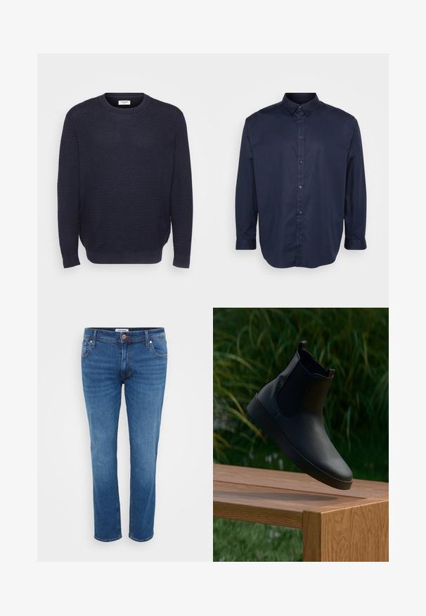 Navy blauer Strickpullover mit strukturiertem Muster, Rundhalsausschnitt und gerippten Bündchen sowie Saum. Hergestellt aus weichem, dehnbarem Material.; Dunkelblauses Langarmhemd aus glattem Stoff, mit spitzem Kragen, knöpfbarem Verschluss und abgerundetem Saum.; Jeans aus Denim in einem mittleren Blauton, mit einem geraden Bein Design, fünf Taschen-Stil und einem Knopfverschluss an der Taille.; Schwarzlederne Knöchelstiefel mit elastischen Seitenpanelen, glatter Textur, runder Zehe und flacher Sohle, platziert über einem Holztisch vor grüner Kulisse.