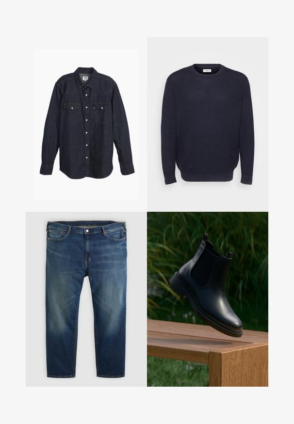 Marine gebreide trui met een gestructureerd patroon, ronde halslijn en geribde manchetten en zoom. Gemaakt van zachte, rekbare stof.; Donkerdenim langärmige shirt met puntkraag, twee borstzakken, witte knopen en contrasterende gele stiksels. Glad, stevig stof.; Blauwe denim spijkerbroeken met rechte pijpen, vervaagde plekken op de dijen, voorzakken, riemlussen en een knoopsluiting.; Zwarte leren enkelboot met elastische zijpanelen zwevend boven een houten bank, groene loof achtergrond.