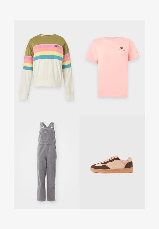 Langärmliges Sweatshirt mit olivgrünem Oberteil, cremefarbenem Unterteil und horizontalen rosa, orangefarbenen, gelben und blauen Streifen über Brust und Ärmeln.; Hellrosa kurzärmeliges T-Shirt mit Columbia-Logo auf der linken Brust und einfarbigem Hintergrund.; Graue Denim-Overalls mit verstellbaren Trägern, einer Brusttasche und einer lockeren Passform. Sie verfügen über gerade geschnittene Beine und eine durchgehende unifarbene Gestaltung.; Legerer Sneaker mit hellbeigen, zartrosa und dunkelbraunen Wildlederpaneelen, Schnürverschluss und Gummisohle vor einfachem Hintergrund.