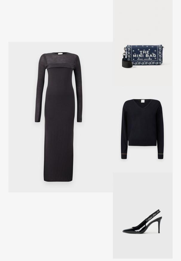 Pull noir à col en V avec manches longues, poignets côtelés ornés d'accents multicolores et ourlet droit. Texture douce et lisse.; Robe noire à manches longues avec une coupe ajustée, col rond et un panneau transparent horizontal sur la poitrine. Matière douce et légère.; Escarpin noir en cuir verni avec un design à bout pointu,Featuring une section découpée et une sangle élastique embossée du nom de la marque.; Mini-sac synthétique bleu marine avec motifs floraux blancs et cœurs, une poignée supérieure et une bandoulière noire amovible avec des accents métalliques argentés.