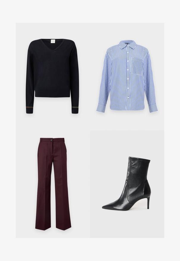 Pull noir à col en V avec manches longues, poignets côtelés ornés d'accents multicolores et ourlet droit. Texture douce et lisse.; Chemise à manches longues à rayures verticales bleues et blanches, avec des boutons à l'avant, un col pointu, une poche poitrine et des poignets boutonnés.; Pantalon ajusté bordeaux foncé avec fermeture bouton et zip à l'avant, jambes droites, et poches latérales sur un fond uni clair.; Bottes noires à la cheville en cuir lisse, dotées d'un bout pointu, d'un tige ajustée et d'un talon haut fin. Design minimaliste sans quincaillerie visible.