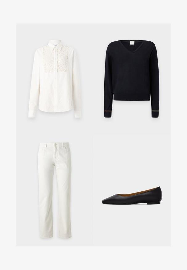 Pull noir à col en V avec manches longues, poignets côtelés ornés d'accents multicolores et ourlet droit. Texture douce et lisse.; Soulland RADO SHIRT - Chemisier - off white; Jean blanc à jambe droite avec fermeture devant par bouton et zip, passants de ceinture et poches avant, présenté sur un fond clair uni.; Chaussure plate en cuir noir à bout pointu avec talon bas et finition lisse, vue de côté sur un fond gris clair.