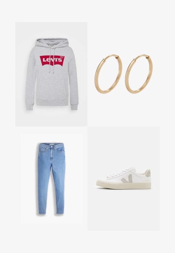 Grå hættebluse lavet af bomuldsblandingsstof. Har en forlomma, snoretræk i hætten og et stort rødt Levi's logo hen over brystet.; Lyseblå high-waist slim-fit jeans med for- og baglommer, knaplukning og bæltestropper på en hvid baggrund.; Hvide sneakers lavet af læder med grå V-logo detaljer, struktureret gummisål, hvide snørebånd samt polstret tunge og krave.; Guldøreringe med en glat, poleret overflade. Rund form, mellemstor, med en sikker lukkemekanisme.