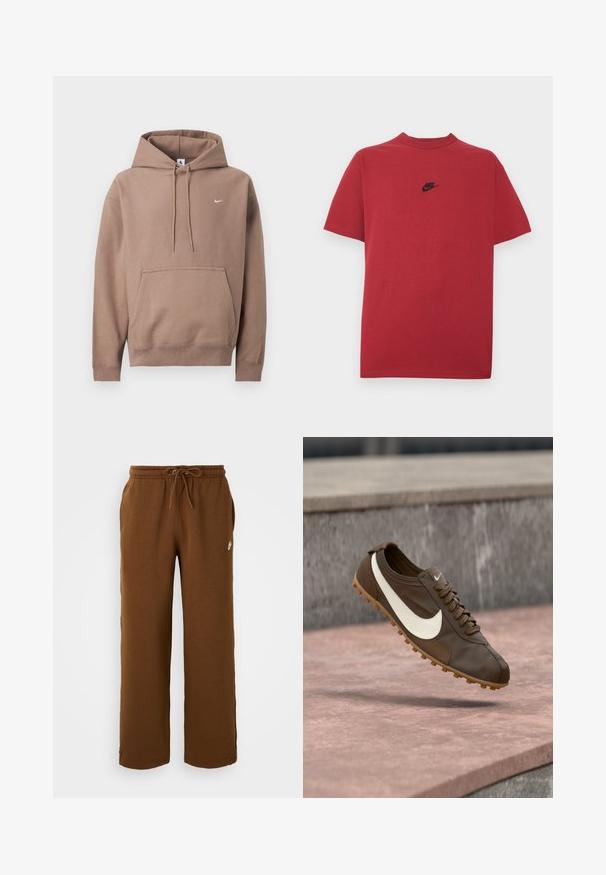 Lichtbruine hoodie met verstelbare trekkoorden, voorzak in kangoeroestijl en klein wit Nike-swooshlogo op de linkerborst.; Rood katoenen T-shirt met een zwart Nike-logo op de borst, korte mouwen, een ronde halslijn en een normale pasvorm. Gladde textuur.; Bruine sweatpants van zachte stof, met een elastische tailleband met een trekkoord, zijzakken en een wit logo aan de linkerkant.; Bruine Nike hardloopschoen met wit swoosh-logo en gumzool zwevend boven een roze stenen oppervlak met een grijze stenen achtergrond.
