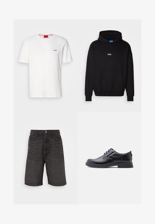 HUGO NAZARDO - Jersey con capucha - black; Camiseta de algodón blanca de cuello redondo y mangas cortas, con un pequeño logo negro "HUGO" en el lado izquierdo del pecho y una etiqueta roja de contraste en el interior.; Shorts de mezclilla negra con un corte relajado, que cuentan con bolsillos frontales, una textura desgastada y una cinturilla clásica con un cierre de botón sencillo.; Zapatos de piel negra con cordones, textura lisa, puntera redondeada y detalles sutiles de costura. Cuentan con una lengüeta roja en el talón.