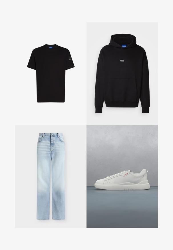 HUGO NAZARDO - Hoodie - black; Zwarte katoenen t-shirt met korte mouwen, ronde halslijn en een klein labelaccent op de linkermouw. Zachte textuur, normale pasvorm.; Lichtblauwe, hoog getailleerde, rechte jeans met voorzakken, riemlussen en een knoopsluiting.; Witte sneaker met een gladde leren afwerking, ronde neus, vier veterogen, subtiele perforaties en een rood logo detail aan de zijkant.