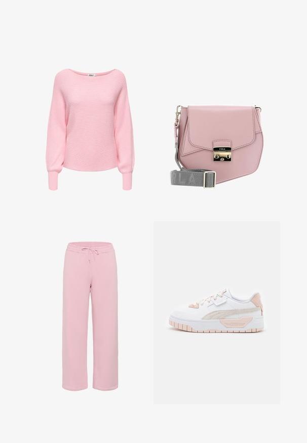 Roze geribbelde gebreide trui met een brede halslijn, lange pofmouwen en een cropped model. Zachte textuur, naadloos ontwerp en minimalistische stijl.; Lichtroze sweatpants van zachte stof, met een wijd-uitlopend design, een elastische tailleband met trekkoord en manchet-omslagen.; Witte sneakers met roze accenten. Glad synthetisch bovenwerk, gemarmerde zijstripe, ronde neus, vlakke rubberen zool en veterclosure.; Roze leren crossbodytasje met een klep sluiting, zilveren hardware en een grijze schouderband met de merknaam. Glad materiaal, minimalistisch ontwerp.