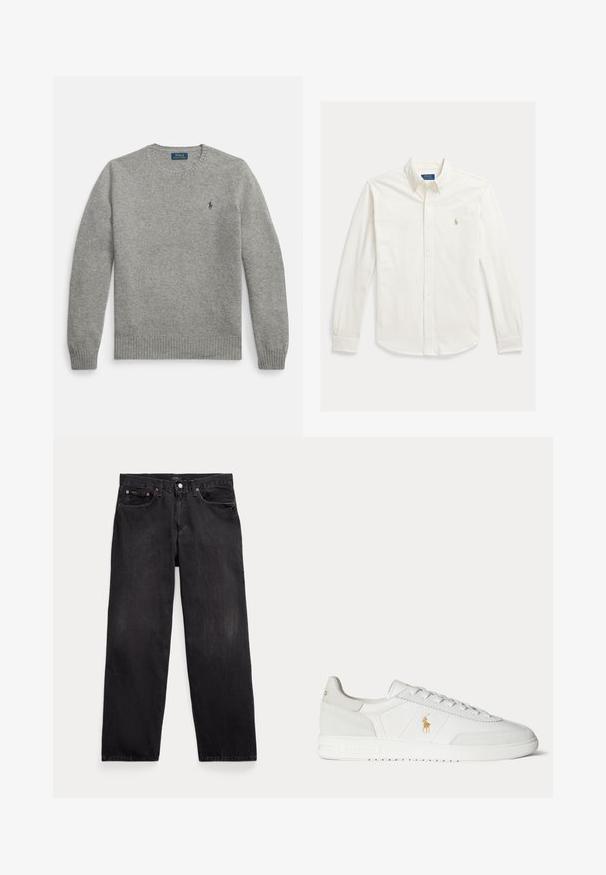 Suéter gris de punto con mangas largas, puños y dobladillo acanalados, con un pequeño logo bordado en el pecho izquierdo. Diseño clásico de cuello redondo.; Camisa blanca de manga larga con botones y cuello, con el logo de Polo Ralph Lauren bordado en el pecho izquierdo.; Vaqueros negros de corte recto con cinco bolsillos, cierre de botón y remaches metálicos visibles en los bolsillos delanteros.; Zapatilla blanca de caña baja con diseño de cordones, logo dorado de Polo Ralph Lauren en el lateral y suela texturizada sobre un fondo liso.