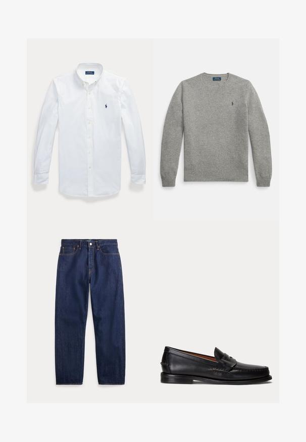 Grijze gebreide trui met lange mouwen, geribbelde manchetten en zoom, met een klein geborduurd logo op de linkerborst. Klassiek rondhals ontwerp.; Wit overhemd met lange mouwen en knopen, met kraag, Polo Ralph Lauren-logo geborduurd op de linkerborst.; Donkerblauwe denim jeans met rechte pijpen, vijf zakken, knoopsluiting en zichtbare stiksels.; Zwarte leren loafer met lage hak en penny-strap detail, van opzij getoond op een lichtgrijze achtergrond.