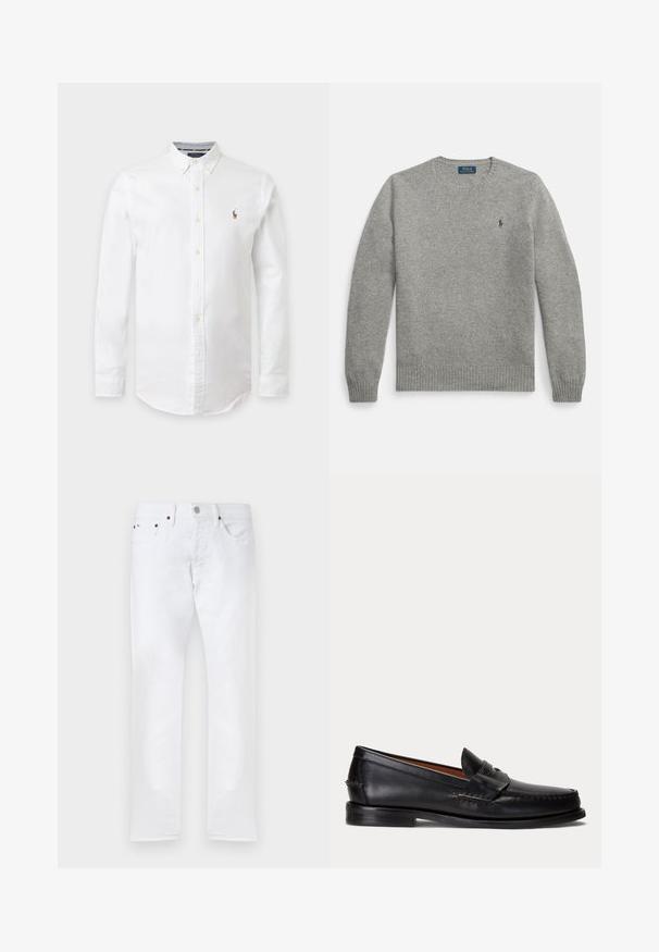 Grijze gebreide trui met lange mouwen, geribbelde manchetten en zoom, met een klein geborduurd logo op de linkerborst. Klassiek rondhals ontwerp.; Witte blouse met lange mouwen, knopen en een button-down kraag met een klein geborduurd logo op de linkerborst.; Witte slim-fit jeans met vijf zakken, knoopsluiting en riemlussen, plat gelegd op een witte achtergrond.; Zwarte leren loafer met lage hak en penny-strap detail, van opzij getoond op een lichtgrijze achtergrond.