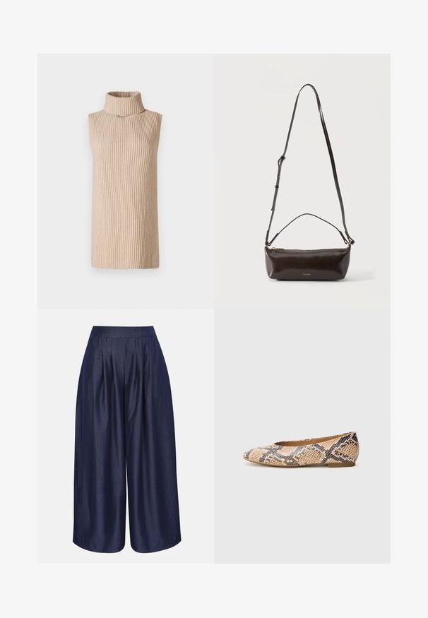 Haut sans manches beige à col roulé avec une texture à côtes, présentant un col haut et une silhouette droite, sur un fond uni.; Pantalon bleu marine taille haute à jambes larges avec plis sur le devant, confectionné dans un tissu lisse et légèrement brillant.; Ballerines à motif peau de serpent, présentant des écailles beige et marron foncé, profil fin, bout arrondi et semelle plate en caoutchouc.; Petit sac à bandoulière en cuir marron foncé brillant avec bandoulière réglable, poignée supérieure et fermeture éclair dorée.