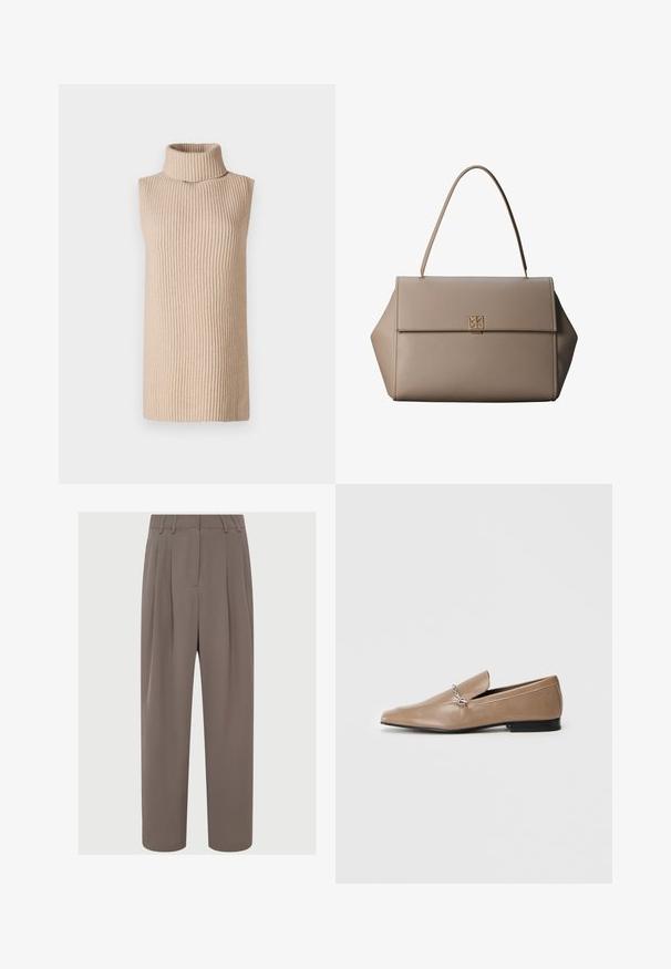 Beige ærmeløs turtleneck top med ribbede detaljer, der har en høj krave og en lige silhuet, præsenteret mod en ensfarvet baggrund.; Brune plisserede bukser med høj talje, slankt stof, vidde ben-design og sidelommer, der har en glat og let tekstur.; Tan læder loafers med spids tå, dekorativt sølv hardware-element og en lav sort hæl. Glat tekstur og minimalistisk design.; Beige læderhåndtaske med et enkelt topgreb, rektangulær form, frontklap og lille gyldent dekorativt spænde placeret midt på fronten.