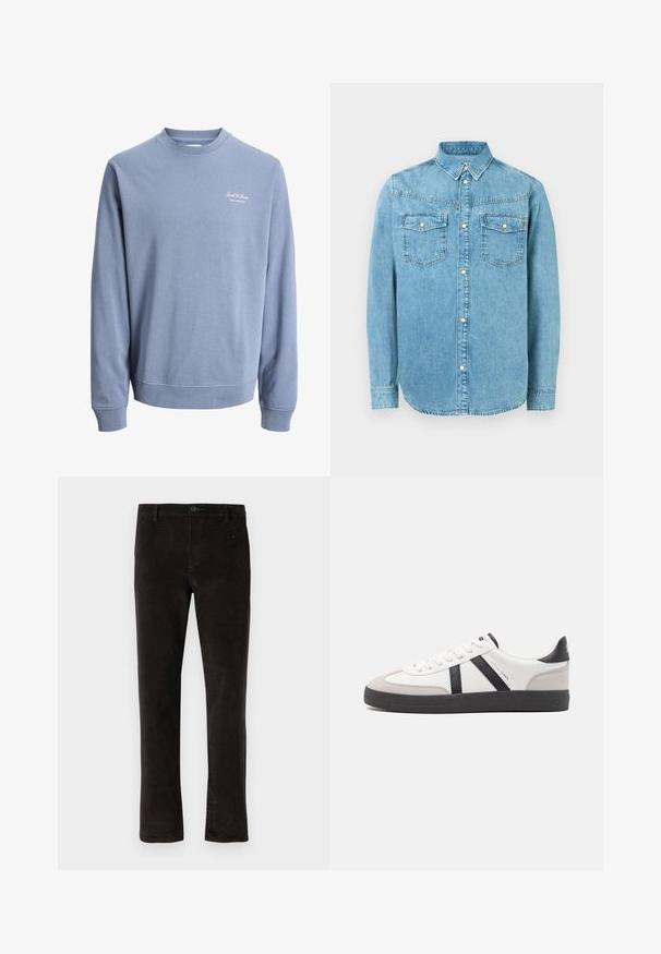 Sweat-shirt bleu clair à col rond avec manches longues et petit logo "Jack & Jones Archive Selection" sur la poitrine gauche.; Chemise en denim bleu clair avec un col boutonné, deux poches poitrine et des accents de boutons argentés. Elle possède des manches longues et un ourlet arrondi.; Pantalons en velours côtelé noir avec une coupe droite, dotés d'une fermeture à un seul bouton et d'une texture subtile. Style minimaliste sans motifs visibles.; Baskets blanches avec des accents noirs et gris, présentant un embout texturé gris, une semelle en caoutchouc noir et des lacets plats blancs. Design épuré, style minimaliste.