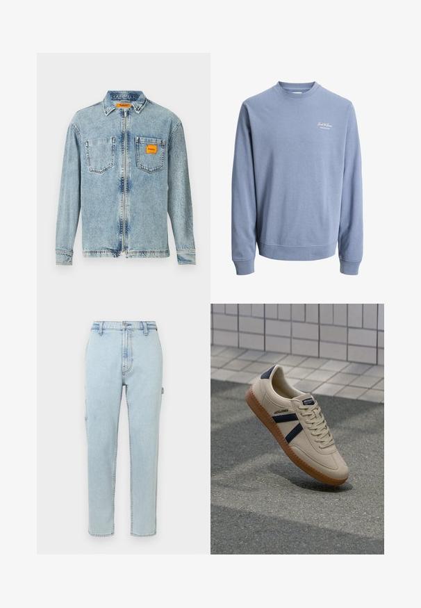 Hele sinine ümmarguse kaelusega pikkade varrukatega dressipluus, mille vasakul rinnal on väike "Jack & Jones Archive Selection" logo.; Helefrontse lukuga helesinine denim jakker, kahe rindkere taskuga ja väikese oranži Replay Inc. etiketi avaga paremas taskus ja kraes.; Heledad sinised teksad kõrge vöökoha, sirge jala disaini ja küljetaskute aktsentidega. Omab nähtavat õmblust ja klassikalist nupukinnitust.; Bežist sneaker, millel on tekstureeritud viimistlus, tumesinised triibud ja kummi tald. Omab pehmendustega keelt ja traditsioonilist nööpimissüsteemi kindla istuvuse tagamiseks.
