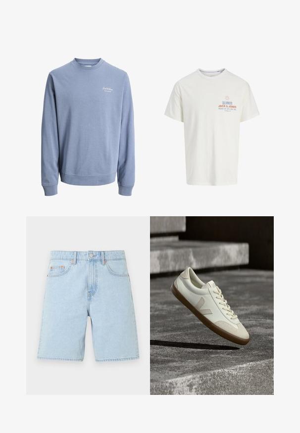 Sweat-shirt bleu clair à col rond avec manches longues et petit logo "Jack & Jones Archive Selection" sur la poitrine gauche.; T-shirt blanc à manches courtes avec un petit motif de soleil et le texte "Jack & Jones," "Big Wave Lines," et "Sun, Surf & Good Times" sur la poitrine.; Short en denim bleu clair avec poches avant, passants de ceinture, bouton en métal et fermeture éclair sur un fond blanc uni.; Baskets en cuir blanc avec semelle en caoutchouc beige, lacets plats et accent en forme de V sur le côté. Présentent une surface lisse et peu de détails de couture.