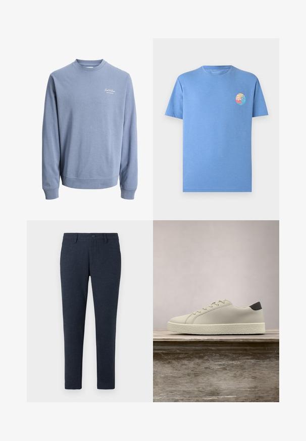 Lichtblauwe sweat met ronde hals, lange mouwen en een klein "Jack & Jones Archive Selection" logo op de linkerborst.; Lichtblauw T-shirt met korte mouwen en een kleine ronde afbeelding van een zonsondergang op het strand en een golf op de linkerborst.; Donker marineblauwe slim-fit broek met riemlussen, een knoop aan de voorkant en zijzakken, weergegeven op een witte achtergrond.; Witte sneaker met gestructureerde zool en zwarte hieldetails, zwevend boven een houten bank met hoge groene graspluimen op de achtergrond.