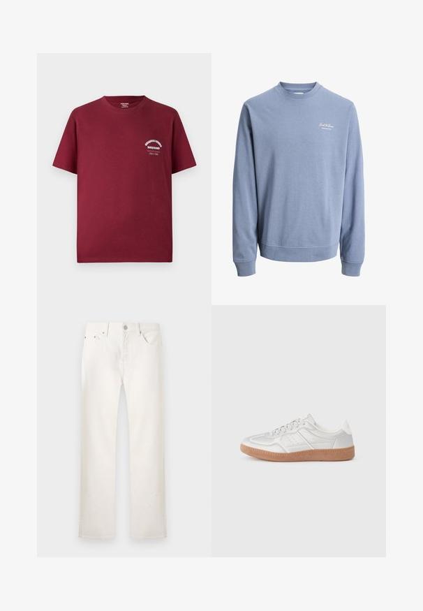 Svetlomodrá mikina s okrúhlym výstrihom, dlhými rukávmi a malým logom "Jack & Jones Archive Selection" na ľavej strane hrude.; Burgundská bavlnená tričko s okrúhlym výstrihom, krátkymi rukávmi a bielou grafickou potlačou na ľavej hrudi. Hladká textúra a voľný strih.; Biele rifle s rovnými nohavicami, s piatimi vreckami, zapínaním na gombík a pútkami na opasok, zobrazené na jednoduchom svetlom pozadí.; Strieborné tenisky s hladkou textúrou, viazaním, perforovanými akcentmi a štruktúrovanou hnedou gumovou podrážkou.