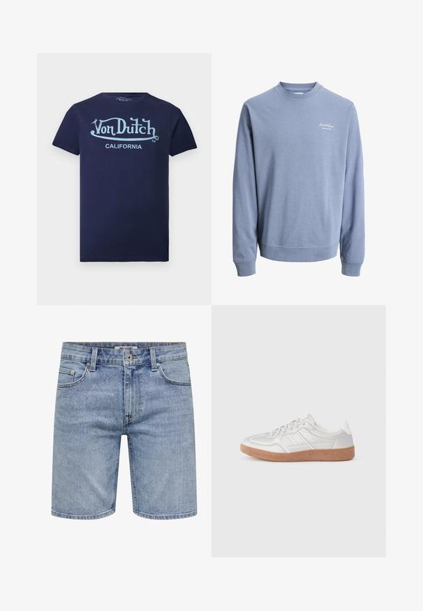 Sweat-shirt bleu clair à col rond avec manches longues et petit logo "Jack & Jones Archive Selection" sur la poitrine gauche.; T-shirt bleu marine à manches courtes avec logo "Von Dutch" bleu clair et texte "California" sur le devant.; Short en jean bleu clair avec fermeture éclair devant, fermeture à bouton, passants de ceinture et cinq poches, présenté de face sur fond blanc.; Baskets argentées avec une texture lisse, un design à lacets, des accents perforés et une semelle en caoutchouc marron texturé.