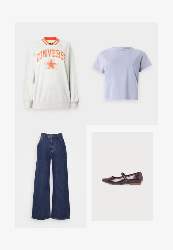 Hellgraues langärmliges Sweatshirt mit orange gestreiftem Kragen und dem Schriftzug "CONVERSE" sowie einem Sternlogo in Orange auf der Brust.; Kurzärmliges T-Shirt mit Rundhalsausschnitt in hellem Lavendel. Aus weichem Baumwollmaterial, mit lockerer Passform und schlichtem Design ohne Muster oder Verzierungen.; Weite Denim-Jeans in dunkelblau, mit hoher Taille, Fronttaschen und einem Reißverschluss mit Metallknopf. Glatte Textur und klassisches Design.; Glänzender dunkelroter Mary Jane Ballerina mit seitlichem Schnallenriemen und flacher hellbrauner Sohle, aus der linken Seitenansicht vor weißem Hintergrund dargestellt.