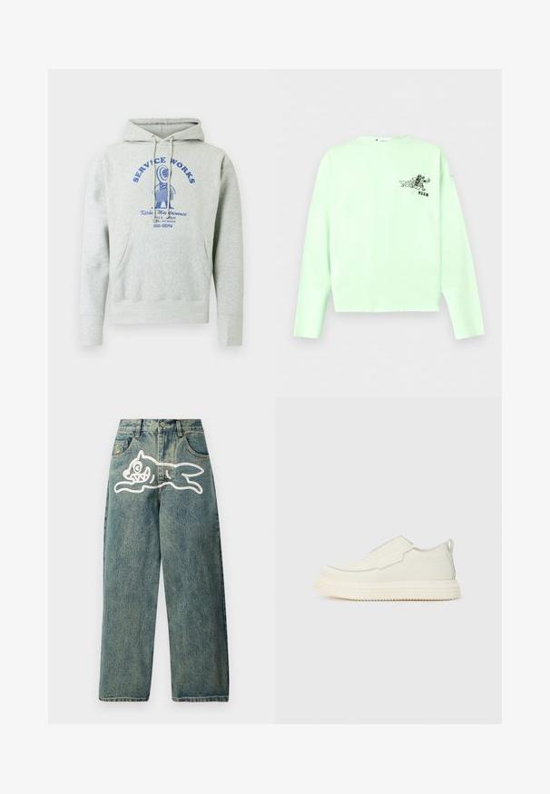 Sudadera gris con capucha hecha de suave vellón. En la parte delantera presenta un diseño gráfico azul con texto y un personaje. Incluye un bolsillo frontal.; Camisa de manga larga verde claro con un pequeño personaje de dibujos animados negro corriendo y el texto "MSGM" en el área del pecho izquierdo.; Jeans de mezclilla de color azul claro con un ajuste holgado, que presentan un gran gráfico de un gato blanco en la pierna izquierda y un diseño tradicional de cinco bolsillos.; Zapatilla slip-on en material texturizado color blanco roto con una suela gruesa y estriada. Presenta costuras mínimas y un sutil acento azul claro.