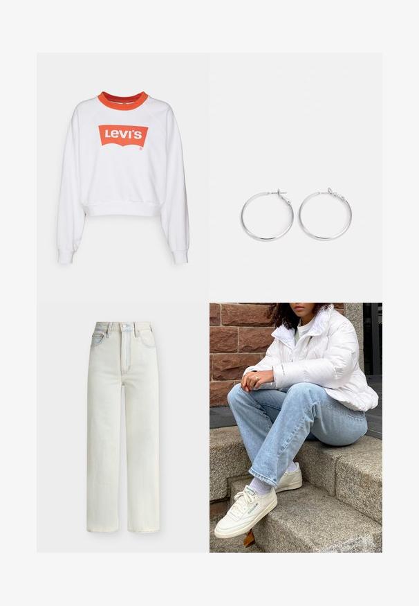 Biele mikina s červeným okrúhlym golierom a veľkým červeným logom Levi's na prednej strane. Má voľný strih a rebrované manžety.; Džínsy s vysokým pásom a rovnými nohavicami v svetlomodrom prevedení s predným zapínaním na gombík, zipsom a piatimi vreckami.; Biely nafukovací kabát s vysokým golierom, svetlo modré džínsy a biele tenisky Reebok. V pozadí sú štruktúrované kamenné schody.; sweet deluxe EARRING - Náušnice - silver-coloured
