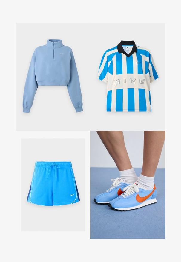 Svetlomodrá krátka mikina s dlhými rukávmi, rebrovanými manžetami, štvrťzipsom, vysokým golierom a malým bielym logom Nike na ľavej strane hrude.; Dres Nike s krátkym rukávom s vertikálnymi modrými a bielymi pruhmi, čiernym golierom a nápisom "NIKE" cez hrudník.; Modré športové šortky s bielymi lemami na okrajoch, tmavomodré bočné panely, elastický pás, šnúrka a malé biele logo Nike vpredu.; Modré sieťované a semišové tenisky s oranžovými akcentmi a bielymi šnúrkami. Čierna gumová podrážka. Nosené s bielymi ponožkami do polovice lýtok na modrom povrchu.