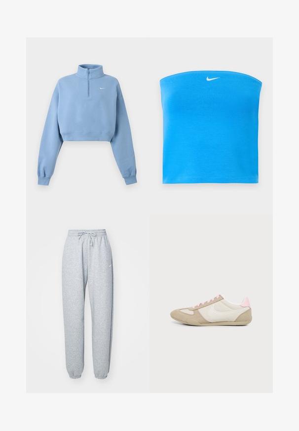 Hele sinine lühike dressipluus pikkade varrukatega, soonikkoes mansetid, neljandik lukku, kõrge krae ja väike valge Nike'i logo vasakul rinnal.; Erksinise sinine Nike õlavaba tuubitops valge Swooshi logoga, mis asub tsentraalselt peaaegu ülemise ääre juures.; Heledad hallhalli pehmete puuvillasegistusega, millel on elastne vöökoht ja nöör, kitsenevad sääred ja ribakudumisega mansetid. Minim blown kaubamärgi detail.; Madal profiiliga beežide ja valgete tossud roosade detailide ja paeltega, küljes suur valge kaarekujuline logo.