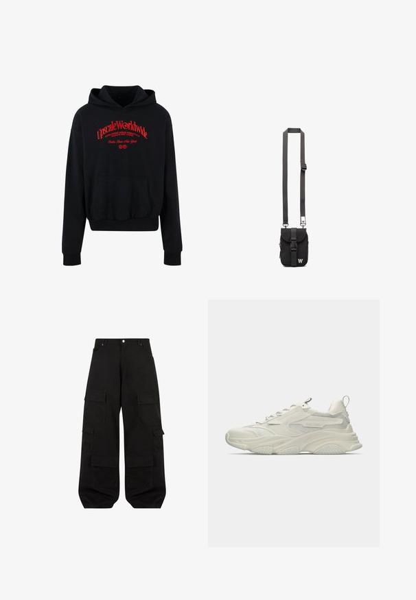 Schwarzer Hoodie aus Baumwollmischung mit einer vorderen Tasche, gerippten Bündchen und einem roten Grafiktextdesign auf der Brust.; Schwarze Cargo-Hosen aus strapazierfähiger Baumwolle mit lockerer Passform. Verfügt über mehrere Utility-Taschen und ein gerades Bein Design.; Klobiger weißer Sneaker mit Netzakzenten, texturierter Gummisohle und abgerundeter Form. Verfügt über minimalistisches Branding und eine Ziehschlaufe an der Ferse.; Schwarze Stoff-Crossbody-Tasche mit verstellbarem Riemen, Klappe vorne und Reißverschlusstasche. Mit gebrandeten Beschlägen und kompaktem rechteckigem Design.