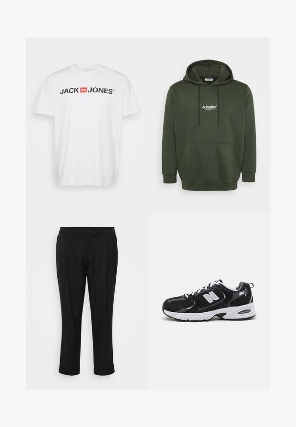 Mørkegrøn hoodie med kangaroo-lomme, hætte med snøre og hvidt logo "JJ Studios" på brystet. Blødt stof med regular fit.; Hvid bomulds T-shirt med "JACK & JONES" logo i sort med en rød rektangulær accent. Korte ærmer og rund hals. Glat tekstur.; Sorte skræddersyede bukser med lige bendesign. Fremstillet af et glat stof, med knaplukning og to forlommer.; Sorte og grå sportssko med mesh og ruskind på overdelen, der har en hvid mellemsål, snørebånd og et iøjnefaldende "N" logo på siden.