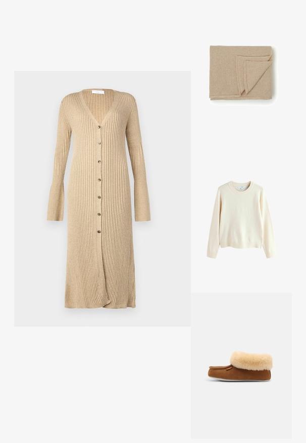 Cremefarvet pullover-sweater, lavet af blødt strikstof, har en rund halsudskæring, ribbede manchetter og kant, samt raglanærmer.; Beige ribbet cardigan med lange ærmer, knaplukning foran, V-hals og udvidede manchetter. Fremstillet af blødt strikmateriale med en tekstureret finish.; Brune ruskindsslipper med tan kunstpelskant, rundt tå og flad hvid sål. Har minimal branding på siden.; Beige strikket kaste tæppe, rektangulær form, blød tekstur, foldet med en rå kantdetalje, der viser en subtil, let design.