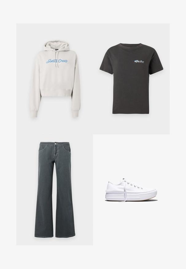 Hellgrauer, kurz geschnittener Hoodie mit Kapuze und Kordelzug sowie gerippten Bündchen. Auf der Vorderseite prangt "Santa Cruz" in blauer Schrift im Kursive-Stil.; Schwarzes Baumwoll-T-Shirt mit rundem Halsausschnitt und kurzen Ärmeln. Verfügt über ein farbenfrohes Blumenlogo auf der linken Brustseite. Klassischer Schnitt.; Ausgestellt geschnittene graue Jeans aus Denim mit glatter Textur. Zu den Merkmalen gehören ein Knopfverschluss, Gürtelschlaufen und vordere Taschen.; Weißer Canvas-Sneaker mit niedrigem Schnitt, dicker Plateau-Sohle, vorderer Schnürung und rauer Gummikappe an der Spitze, aus seitlicher Ansicht gezeigt.