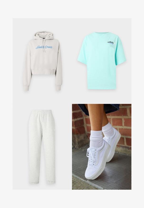 Lysegrå cropped hættetrøje med snøre i hætten og ribbet kant ved ærmerne. Har "Santa Cruz" skrevet i blåt kursiv på forsiden.; Lyseblå T-shirt med korte ærmer, med teksten "Aloha", en bølgedesign og en lille hvid blomst på venstre bryst.; Lys grå sweatpants med elastisk talje, tapered ben og ribbede manchetter. Fremstillet af et blødt, tekstureret stof. Hvid logo detalje på siden.; Hvide lærreds sneakers med gummisåler, der har seks snørehuller, rund tå og let sømdetaljer, krydret med hvide ankelstrømper.