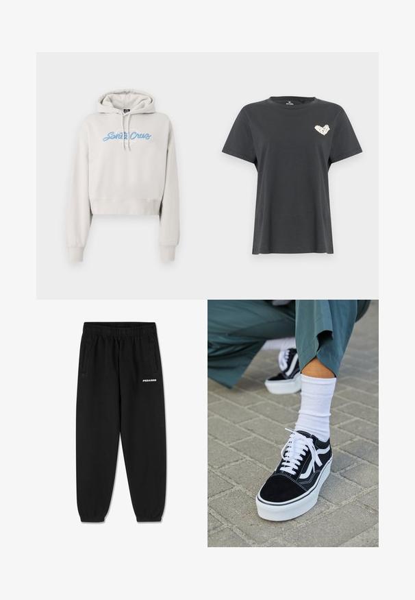 Lysegrå cropped hættetrøje med snøre i hætten og ribbet kant ved ærmerne. Har "Santa Cruz" skrevet i blåt kursiv på forsiden.; Sort kortærmet T-shirt med rund hals og lille hvidt hjerteformet motiv på venstre bryst.; Sorte sweatpants lavet af blødt stof, med snoretræk i taljen, tætsiddende ben og sidelommer. "PEGADOR" logo i hvid på fronten.; Sorte ruskinds sneakers med hvide accenter og snørebånd, der har en tyk hvid sål og kontrasterende syninger, parret med en hvid sok.