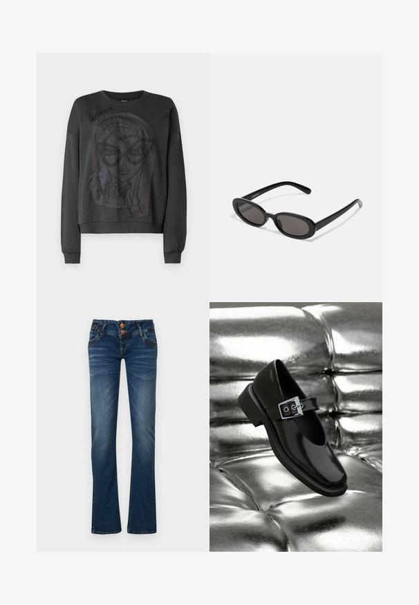 Sort sweatshirt med lange ærmer, prydet med et stort grafisk design af et ansigt med briller og flosset kant. Ribbet manchetter og halsudskæring.; Mørkeblå bootcut jeans med to frontknapper, fem lommer og subtil falmning på lår og knæ.; Sorte læder Mary Jane sko med firkantet tå, en sølv spænde accent og en chunky lav hæl, sat mod en glansfuld sølv baggrund.; Even&Odd Solbriller - black