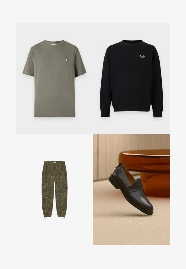 Sweat-shirt noir à manches longues avec col ras du cou, poignets et ourlet côtelés, arborant un petit logo blanc « Replay » sur le côté gauche de la poitrine.; T-shirt en coton vert olive avec un col rond, des manches courtes et un petit logo blanc sur la poitrine. Design simple et épuré.; Pantalons cargo en vert olive avec un motif texturé, des poignets élastiques et deux boucles latérales. Comprend des poches cargo et un design en tissu respirant.; Mocassin en cuir noir à talon bas flottant au-dessus d'un tapis beige, à côté d'une table brillante couleur ambre dans une pièce minimaliste.