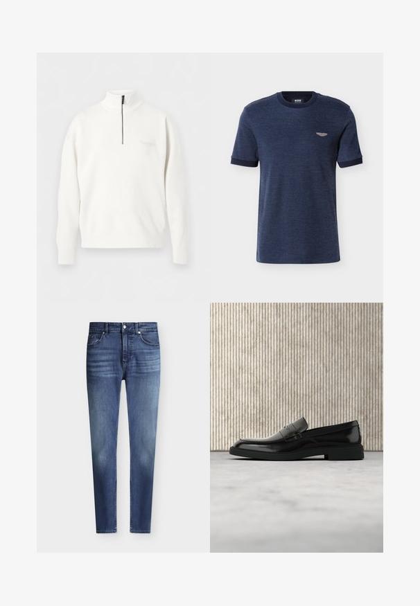Weißer Langarmpullover mit hohem Kragen und teilweise schwarzem Reißverschluss in der vorderen Mitte.; Marineblaues T-Shirt mit kurzen Ärmeln, Rundhalsausschnitt, gerippten Bündchen und kleinem beigem Logo auf der linken Brust.; Herren Slim Fit blaue Denim-Jeans mit klassischem Fünf-Taschen-Stil und leichter Verfärbung an Oberschenkeln und Knien, Knopf- und Reißverschluss.; Schwarzer, polierter Lederloafer, der über einem beigen Teppich schwebt, mit orangener, durchscheinender Möbel im Hintergrund.