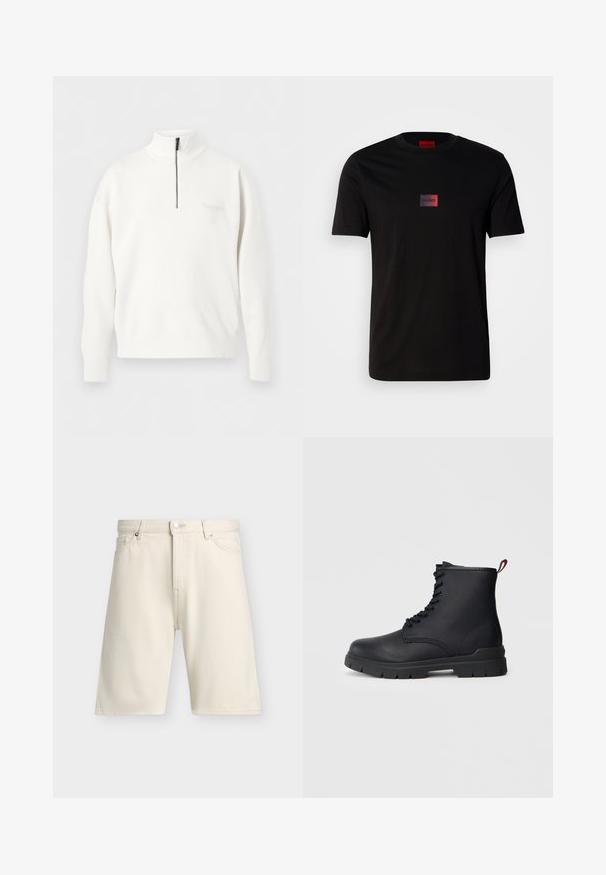 Pull-over blanc à manches longues avec un col montant et une fermeture éclair partielle noire au centre devant.; T-shirt en coton noir avec un petit logo rectangulaire en dégradé de noir et rouge sur la poitrine. Manches courtes et col rond.; Short beige longueur genou avec bouton sur le devant, fermeture éclair, passants pour ceinture, deux poches avant et un design épuré et simple.; Bottine en cuir noir avec un laçage sur le devant, semelle en caoutchouc épaisse et tirant rouge à l'arrière, présentée sur un fond clair et unicolore.