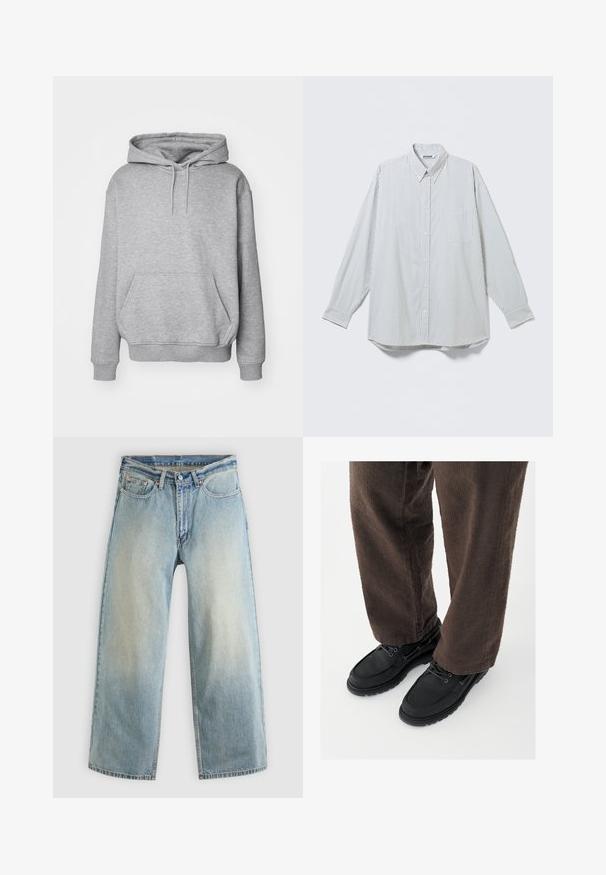 Sweat à capuche gris en tissu doux avec une poche kangourou et des poignets côtelés. Il est doté d'un cordon de serrage pour ajuster la capuche.; Chemise blanche à manches longues boutonnée avec fines rayures noires verticales et poche poitrine, présentée à plat sur un fond clair.; Jean denim bleu clair à jambes larges avec une finition délavée. Comprend un design standard à cinq poches et une fermeture à bouton métallique.; Chaussures en cuir noir avec une finition lisse, bout arrondi et design à lacets, associées à un pantalon marron texturé. Vue en contre-plongée.