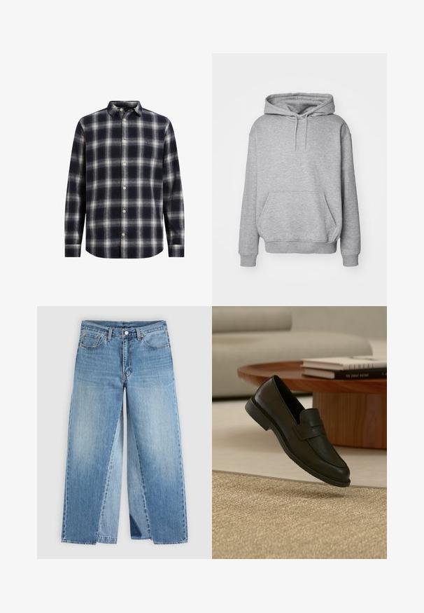 Grå hættetrøje i blødt stof med kængurulomme og ribkanter ved ærmerne. Har snøre til justerbar hætte.; Marineblå og cremeplaid flannel skjorte med knapkrave, lange ærmer og beige knapper; har en blød tekstur og en struktureret form.; Straight-leg blå denimjeans med klassisk fem-lomme design og forreste knaplukning, vist fladt på en neutral baggrund.; Sort læderloafer vist i luften over en beige vævet tæppe, med et træbord og stablede bøger i et blødt oplyst stue.