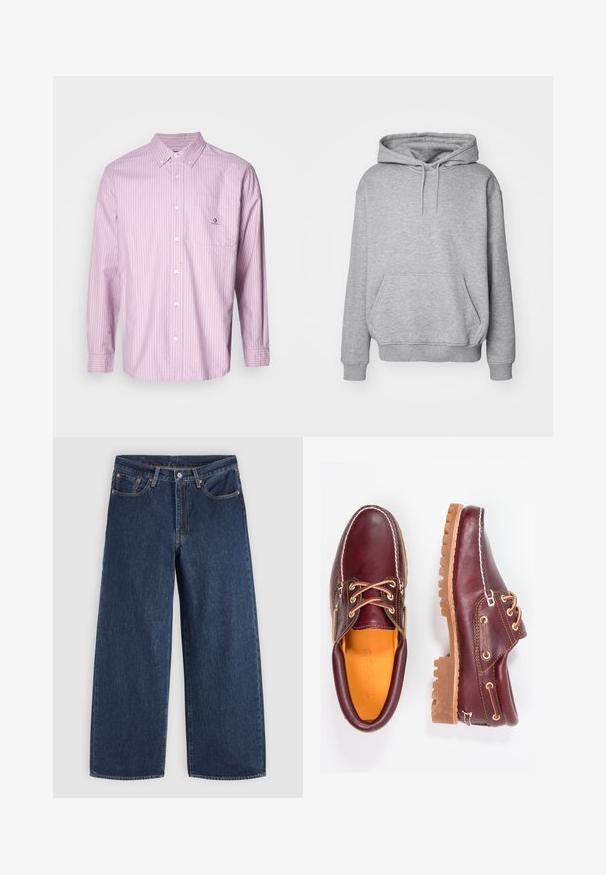 Grauer Kapuzenpullover aus weichem Stoff mit Kängurutasche und gerippten Bündchen. Verfügt über einen Kordelzug für die verstellbare Kapuze.; Langärmliges Button-Down-Hemd in Hellrosa mit vertikalen weißen Streifen, aus Baumwollstoff, mit Kragen, Brusttasche und einem Logodetail auf der Tasche.; Dunkelblaue Jeans mit weitem Bein, Vordertaschen, Knopfverschluss und Gürtelschlaufen, flach auf einem hellen Hintergrund ausgelegt.; Bordeauxfarbene Lederschuhe mit braunen Gummisohlen, runder Zehenform, weißen Nähten und goldenen Ösen. Das Innenfutter weist eine gelbe Beschichtung auf.
