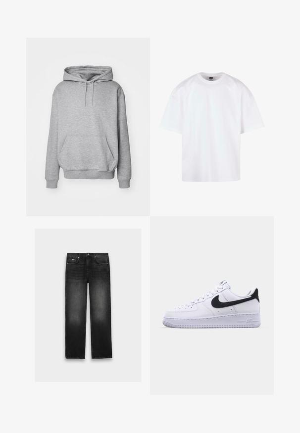Grå hættetrøje i blødt stof med kængurulomme og ribkanter ved ærmerne. Har snøre til justerbar hætte.; Hvid kortærmet t-shirt med rund hals, lavet af bomuldsmateriale, der har en afslappet pasform og minimale syningsdetaljer.; Sorte jeans med lige ben, fem lommer, knaplukning og diskret falming på lår og knæ, lagt fladt på en neutral baggrund.; Hvide lædersneakers med en struktureret sort Swoosh, flade snørebånd og en gummisål med et rillemønster. "AIR" er præget på hælen.