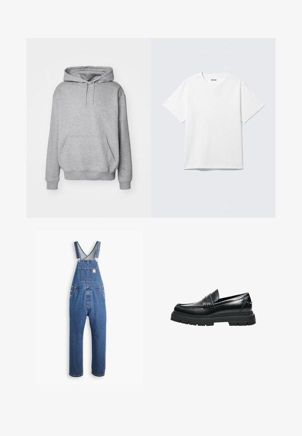 Grå hættetrøje i blødt stof med kængurulomme og ribkanter ved ærmerne. Har snøre til justerbar hætte.; Hvid kortærmet crewneck T-shirt lagt fladt ud, ensfarvet design, med "WEEKDAY" mærkat inde i kraven på en lys baggrund.; Denim overalls i mellemblå, med justerbare stropper, en frontlomme og metalbeslag, i en afslappet pasform og lige ben-design.; Sort læder-loafer med tyk rillede sål og penny remdetaljer, vist fra siden på hvid baggrund.