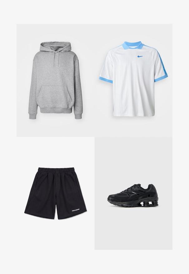 Harmaa huppari pehmeästä kankaasta, jossa kenguru-tasku ja resorireunat hihoissa. Hupussa säädettävä kiristysnyöri.; Valkoinen Nike-urheilu paita, jossa on vaaleansininen kaulus, hihojen reunat ja olkasuunnitelmat, ja rintaosassa pieni sininen Nike-logomerkki.; Mustat urheilushortsit, joissa on joustava vyötärönauha, sivutaskut ja "PEGADOR"-logo vasemman alareiden päällä valkoista taustaa vasten.; Musta urheilukenkä, jossa on verkkopäällinen, pehmustettu kaulus ja näkyvä iskunvaimennusteknologia kantapäässä. Sisältää teksturoituja yksityiskohtia ja nauhat.