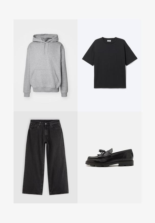 Grå hættetrøje i blødt stof med kængurulomme og ribkanter ved ærmerne. Har snøre til justerbar hætte.; Sort T-shirt med korte ærmer og rund hals med afslappet pasform, forfra, ensfarvet design og synligt Weekday-mærke inde i kraven.; Sorte denim jeans med vide ben, forlommer, bæltestropper og knaplukning, vist på en ensfarvet lys baggrund.; Sorte læderloafer med et mokkasindesign, der har en dekorativ frynse og kvast, tekstureret overflade og kraftig gummisål.