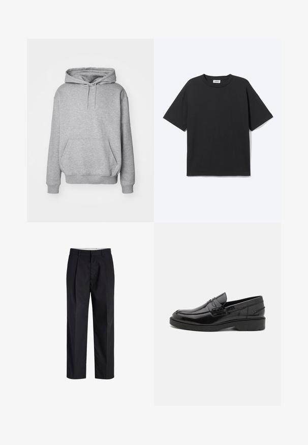 Sweat à capuche gris en tissu doux avec une poche kangourou et des poignets côtelés. Il est doté d'un cordon de serrage pour ajuster la capuche.; T-shirt noir à manches courtes avec col rond, coupe décontractée, vue de face, design uni et étiquette de la marque Weekday visible à l’intérieur du col.; Pantalon noir à jambes droites avec taille, passants de ceinture, fermeture éclair à l'avant et poches latérales, présenté sur fond blanc.; Mocassins en cuir noir avec une finition lisse, un bout rond, un petit talon et descoutures décoratives à l'avant. Semelle en caoutchouc pour l'adhérence.